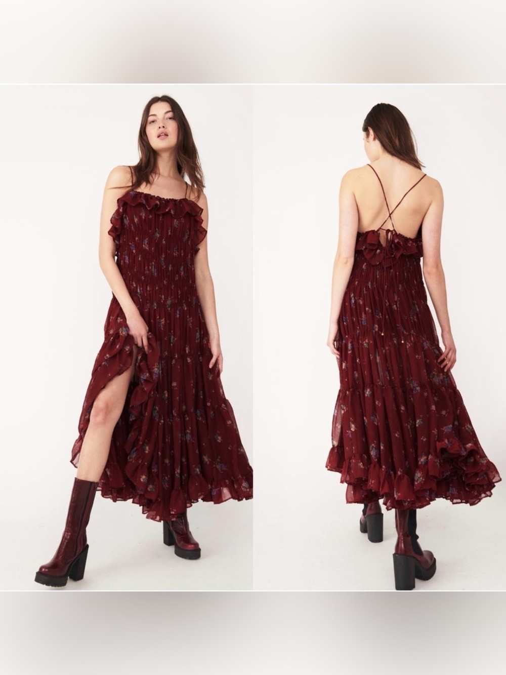 Free People Cloud Nine Maxi floral tiered Dress In Berry Combo XS NWT Boho